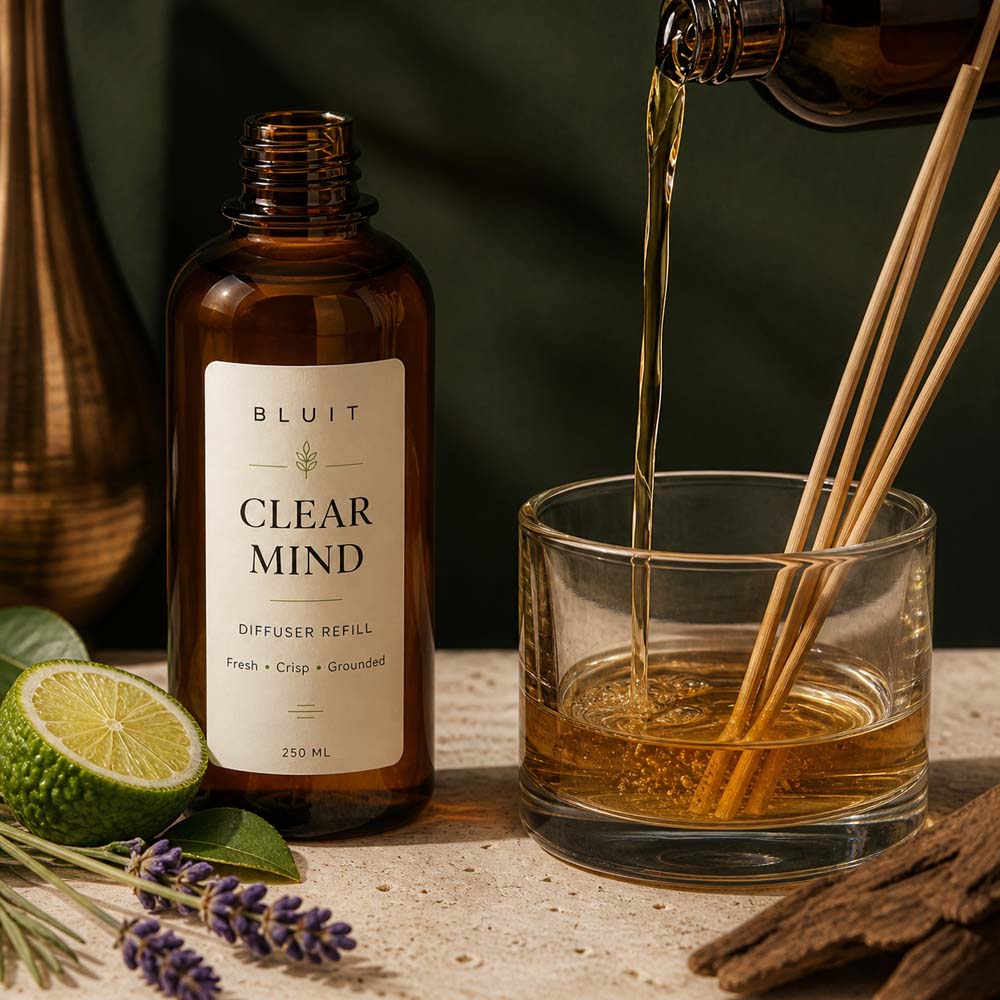 Concentrated Bluit fragrance oil being poured into a reed diffuser
