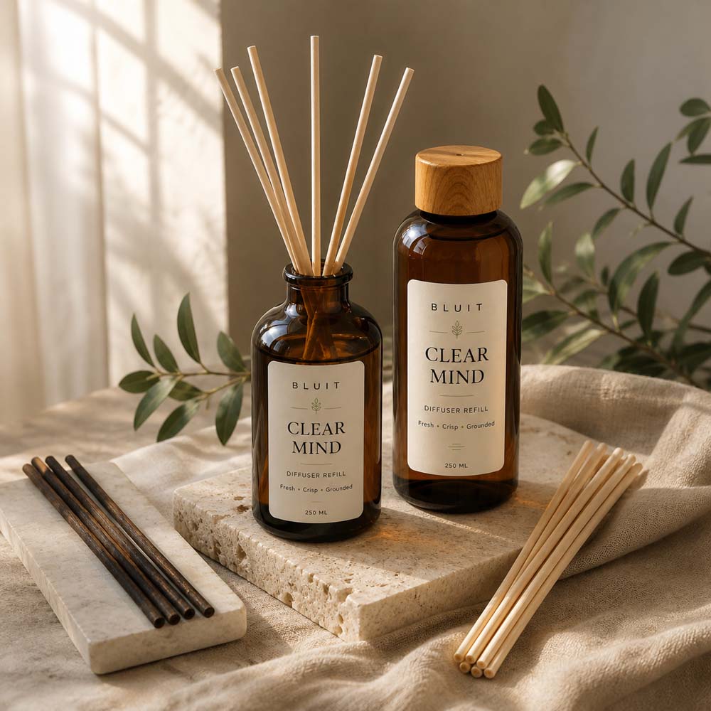 Fresh natural and black reed sticks beside Bluit diffuser bottles