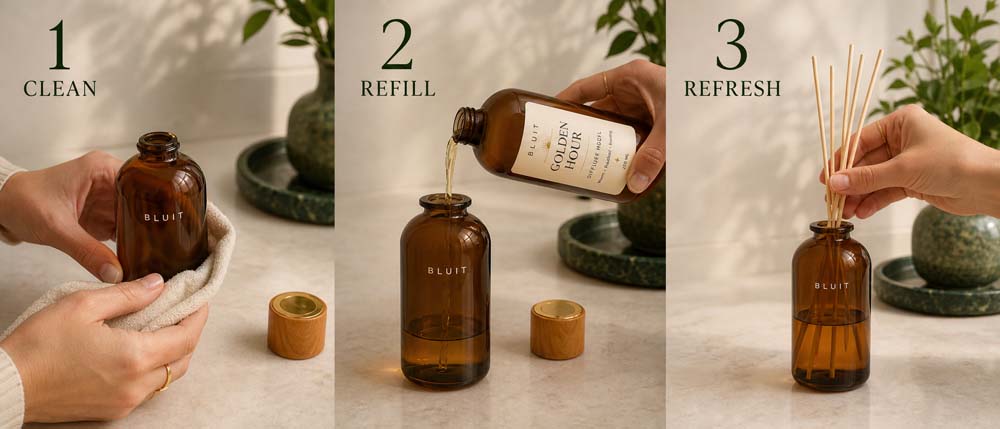 Three steps showing how to clean, refill and refresh a reed diffuser