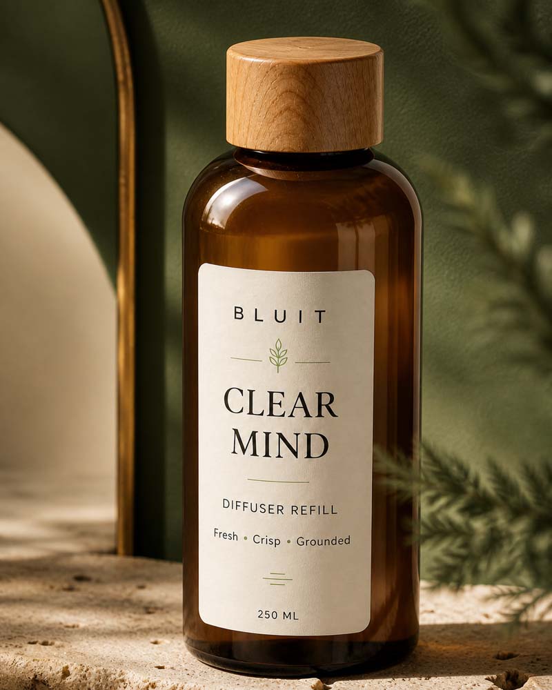 Close-up of a 250ml Bluit Clear Mind diffuser refill bottle