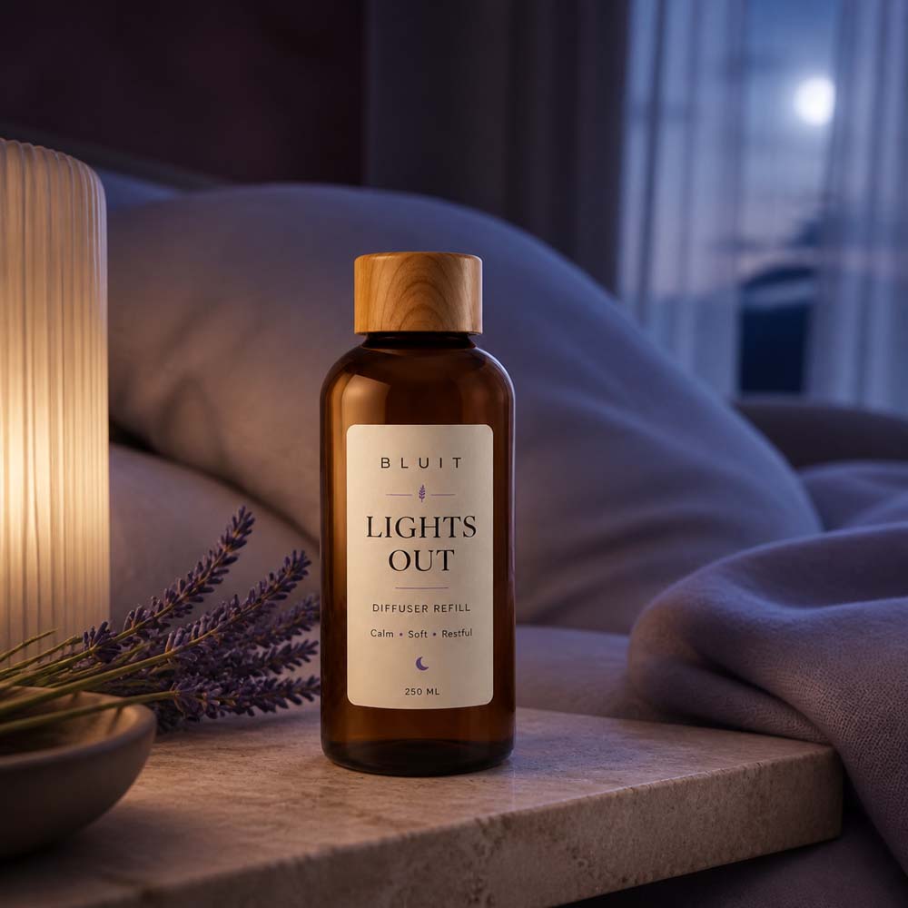 Bluit Lights Out diffuser refill in a calm evening bedroom