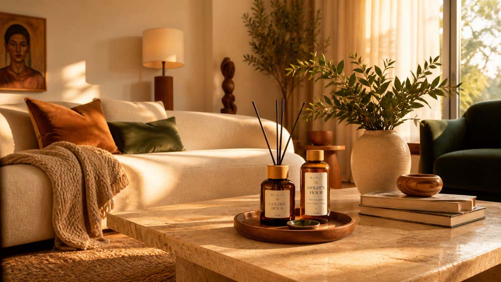 A welcoming living room styled with Bluit Golden Hour