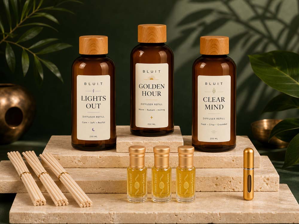 Combo package with three Bluit diffuser refills, reeds, perfume oils and an atomizer