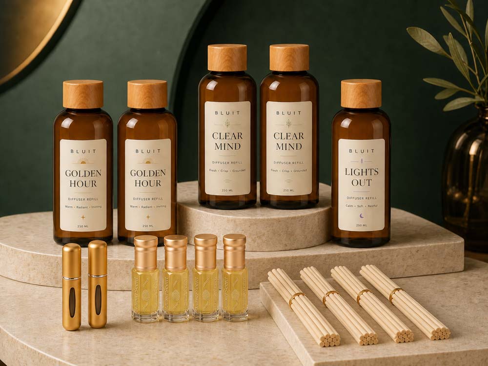 Ultimate package with five Bluit diffuser refills, reeds, perfume oils and two atomizers