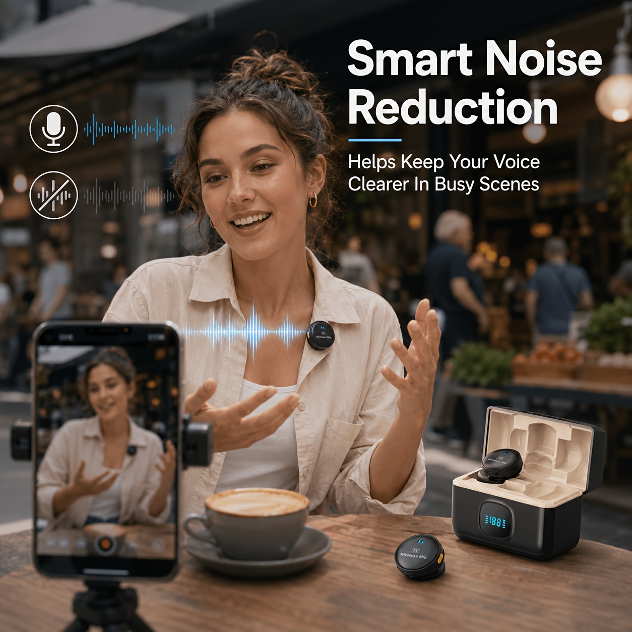 Q8 microphone keeping a speaker's voice clear in a busy setting