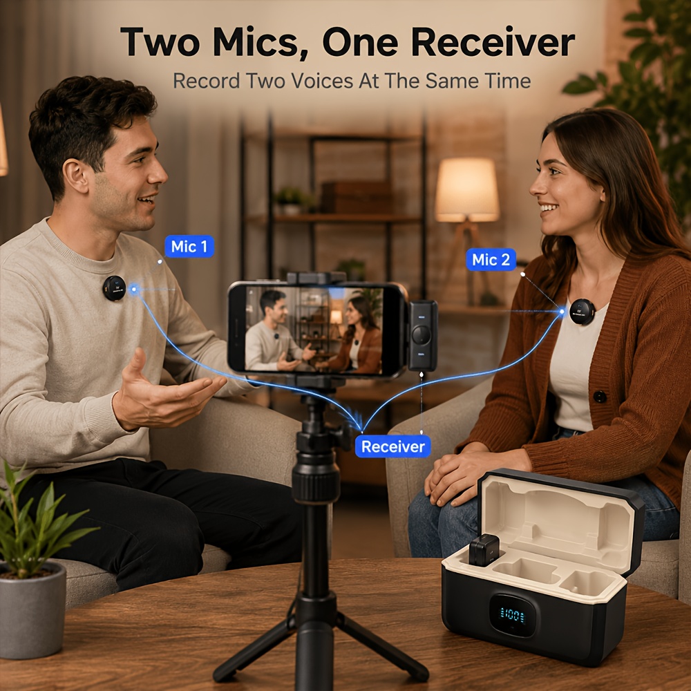 Two people recording with the Q8 dual microphones