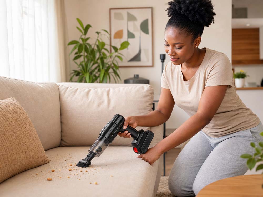 MiniVac cleaning crumbs from a sofa