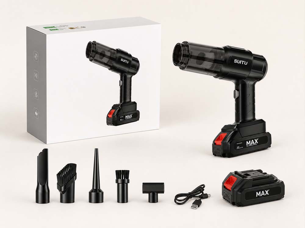 Vacuum cleaner, charging cable, battery and included cleaning attachments